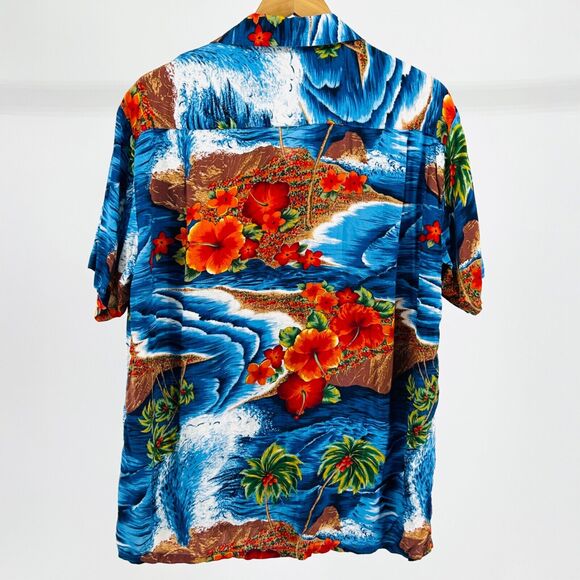 90s Kennington LTD Blue Orange Floral Hawaiian Tropical Short Sleeve Button Down - Picture 4 of 7